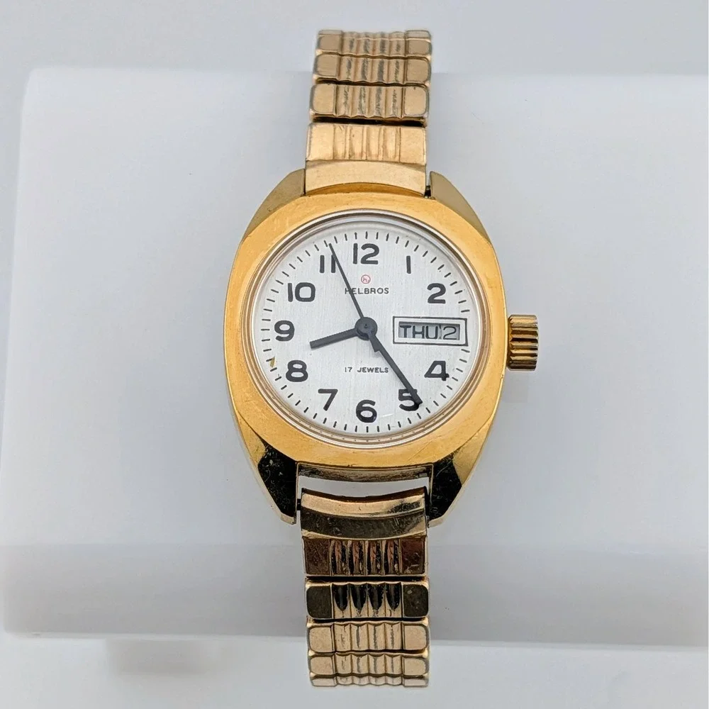 Vintage Helbros 17 Jewel Manual Wind Day Date White Dial Gold Tone Women's Watch